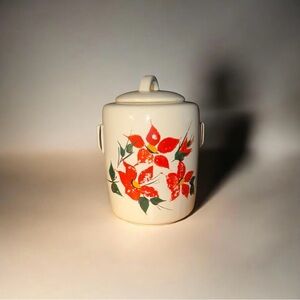 Vintage McCoy Cookie Jar Canister Hibiscus Ivory Ceramic Red Green Floral Mid CM